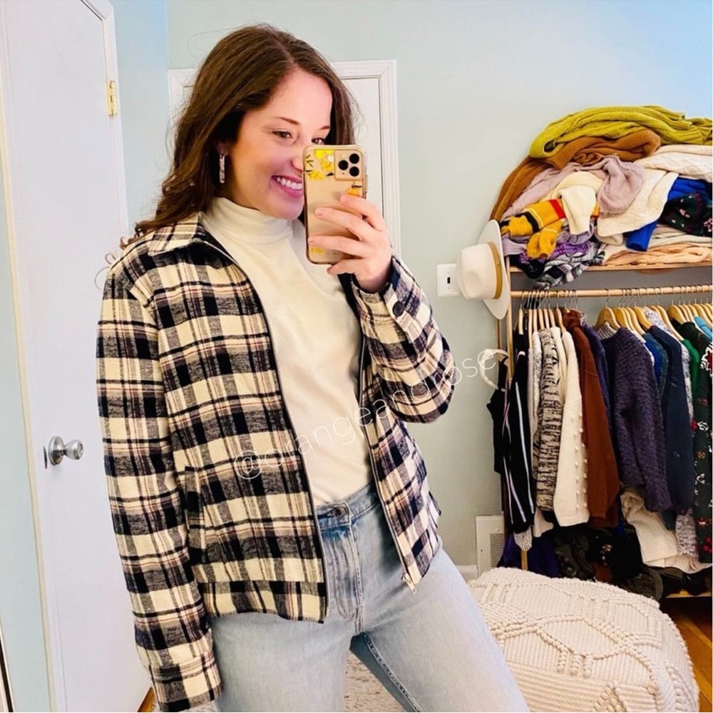 Jenni Kayne Blue Plaid Puffer Quilted Soft Silk Lined Zip Up Bomber Jacket M